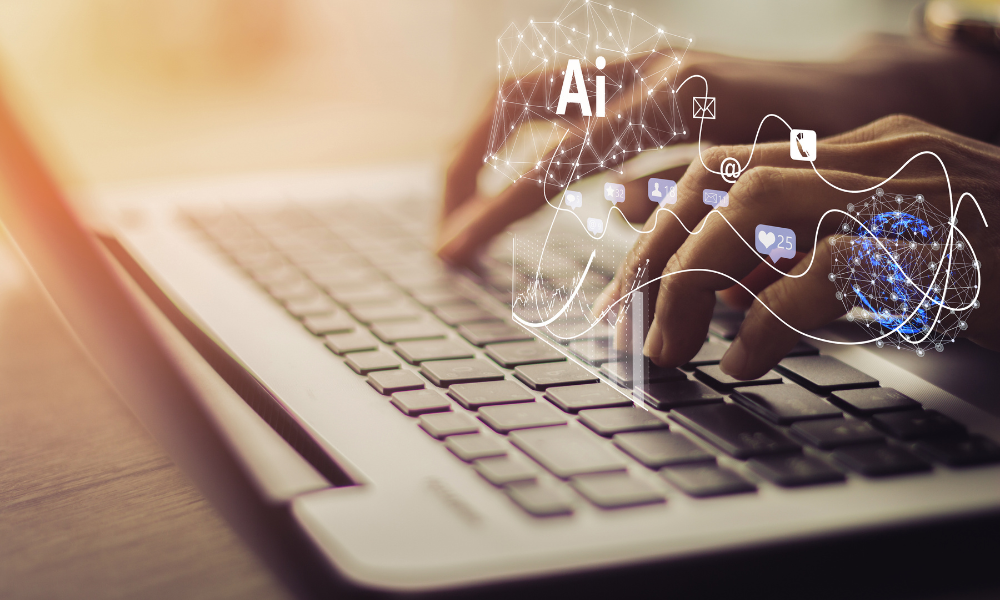 Person typing on a laptop keyboard with the word AI floating above