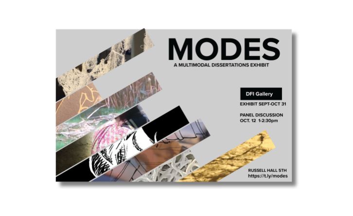 Text reads, “MODES: A Multimodal Dissertation Exhibit” on a gray background with slices of textures photographed up close.