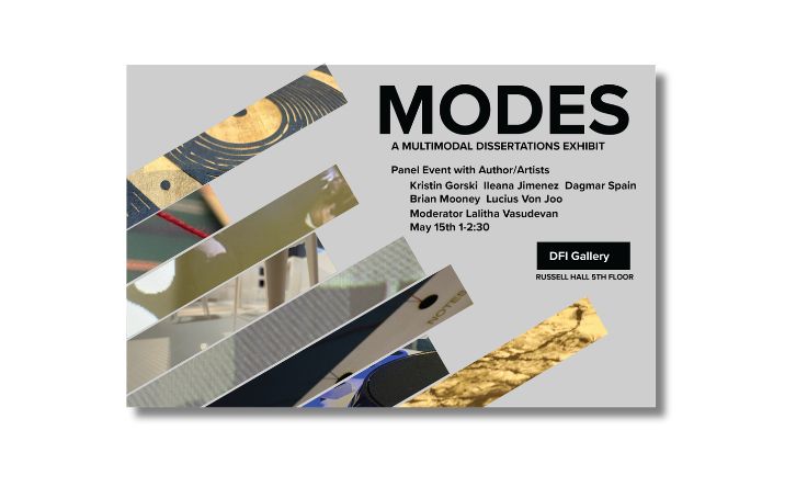 A poster image for the MODES volume 2 gallery exhibit lists the opening details from 2025 with a variety of textures, photographed close up.