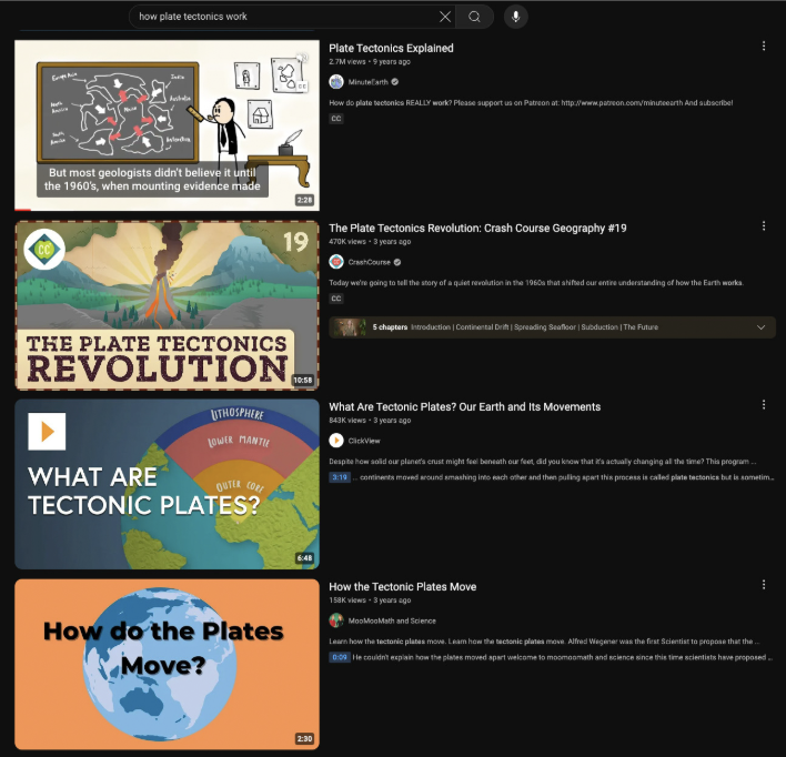 This images shows screenshots of 4 video stills on the left-side, giving a preview to the animated, colorful videos about plate tectonics. On the right-hand side, the video titles, views, date of upload, user profile name, and brief video description with time length show in white sans-serif font on black background. The search term 