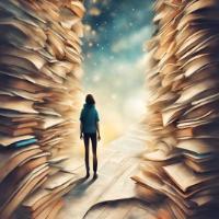 AI-generated abstract illustration of a path made of books and a person standing in the middle walking away