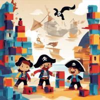 AI-generated abstract illustration of kids wearing pirate costumes while playing with building blocks