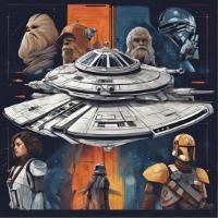 A poster showing a spaceship and multiple characters of starwars