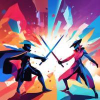 AI-generated abstract illustration of different characters wearing costume and dueling with swords