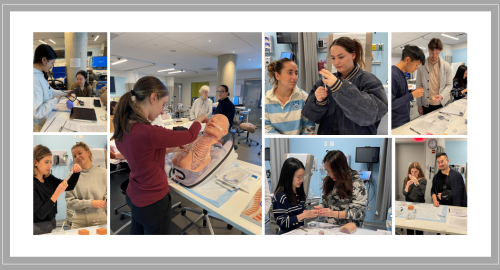 Collage of several pictures showing students at in the nursing lab learning enhanced clinical skills.