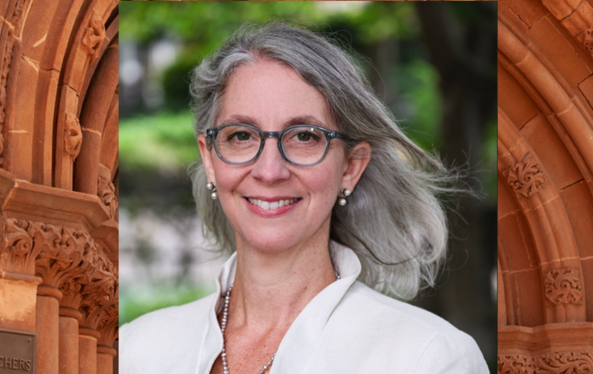 Profile picture of Rebecca Winthrop atop a zoomed in view of archway architecture in the background