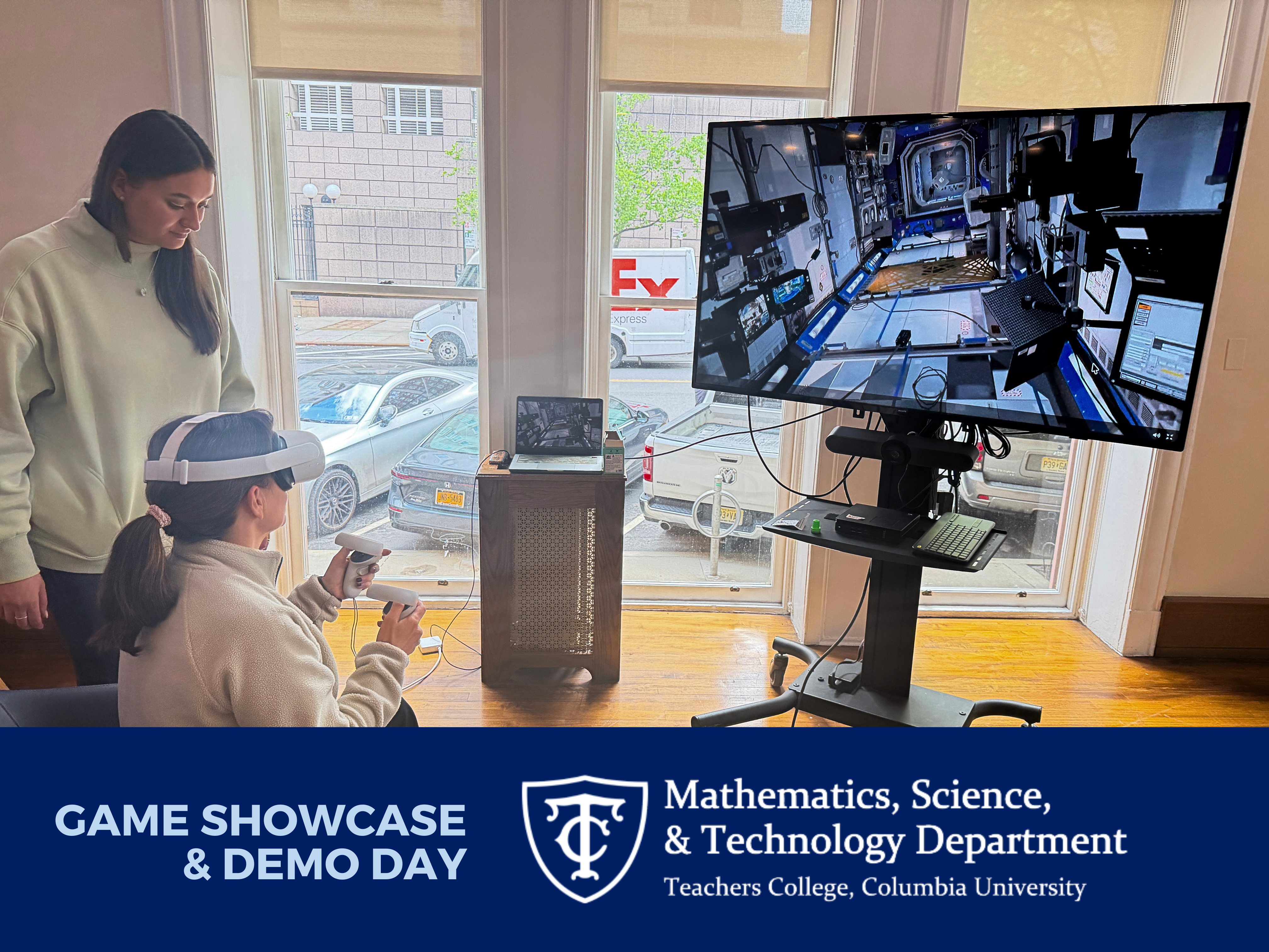 An image of someone using a VR headset at the inaugural Game Showcase and Demo Day