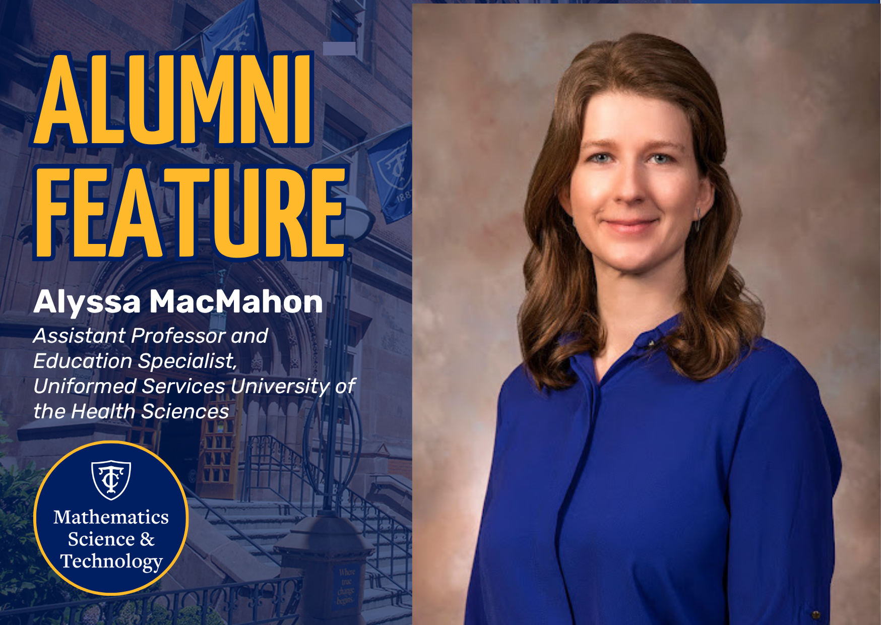 Mathematics Education Alum Alyssa MacMahon next to a graphic that says 