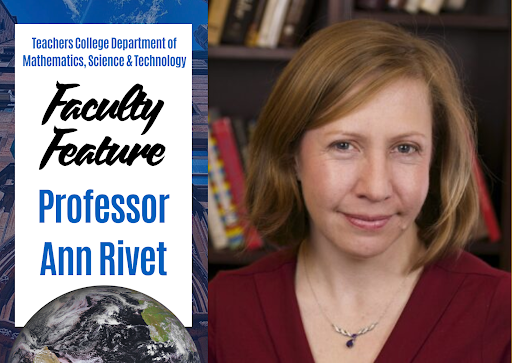 Headshot of Professor Ann Rivet next to blue and black text that reads