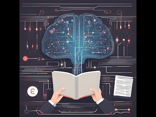 A computer-style brain in front of 2 hands holding a book.