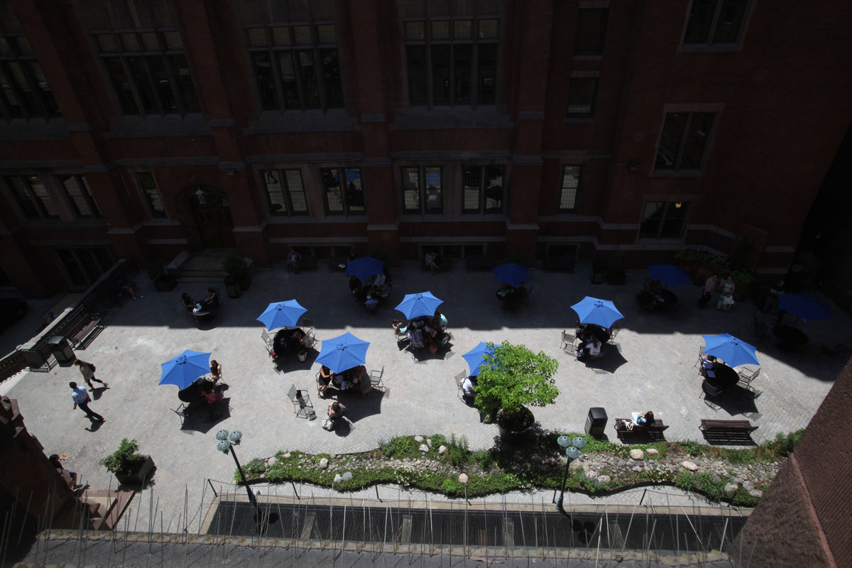 Umbrellas in the Teachers College courtyard.