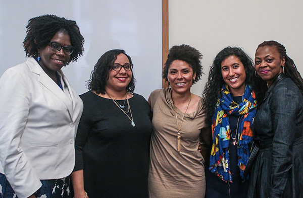 CORRECTING AN IMBALANCE (From Left) Panelists Kate Ofikuru, Julissa Dilone, Kristin Jefferson and Karina Malik with TC faculty member Yolanda Sealey Ruiz. With a majority non-white public school student population, the TOC II program seeks to recruit more teachers of color.