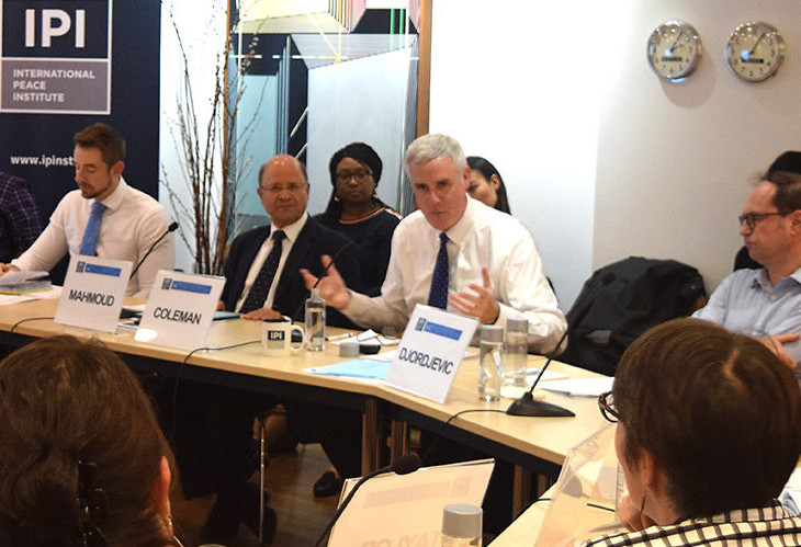 SUSTAINED EFFORT Coleman a (third from right), Fry (sixth from right) and colleagues presenting at a recent International Peace Institute forum.