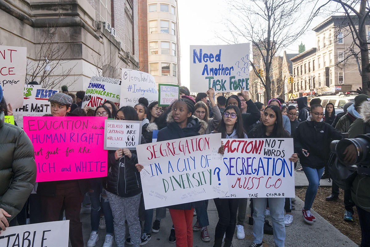 Students strike & demonstrate to end ongoing segregation in New York City schools in front of John Jay High School on 7th Avenue in Park Slope, Brooklyn, New York. Led by the grassroots campaign Teens Take Charge, hundreds of students from several city high schools demanded an end to New York's