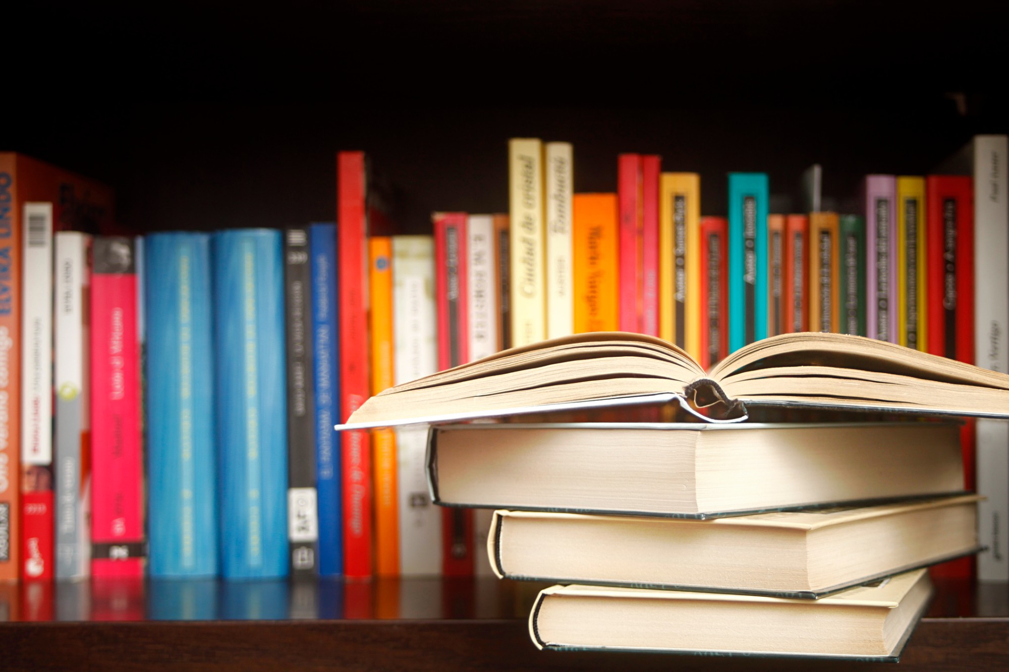 Colorful books on a shelf.