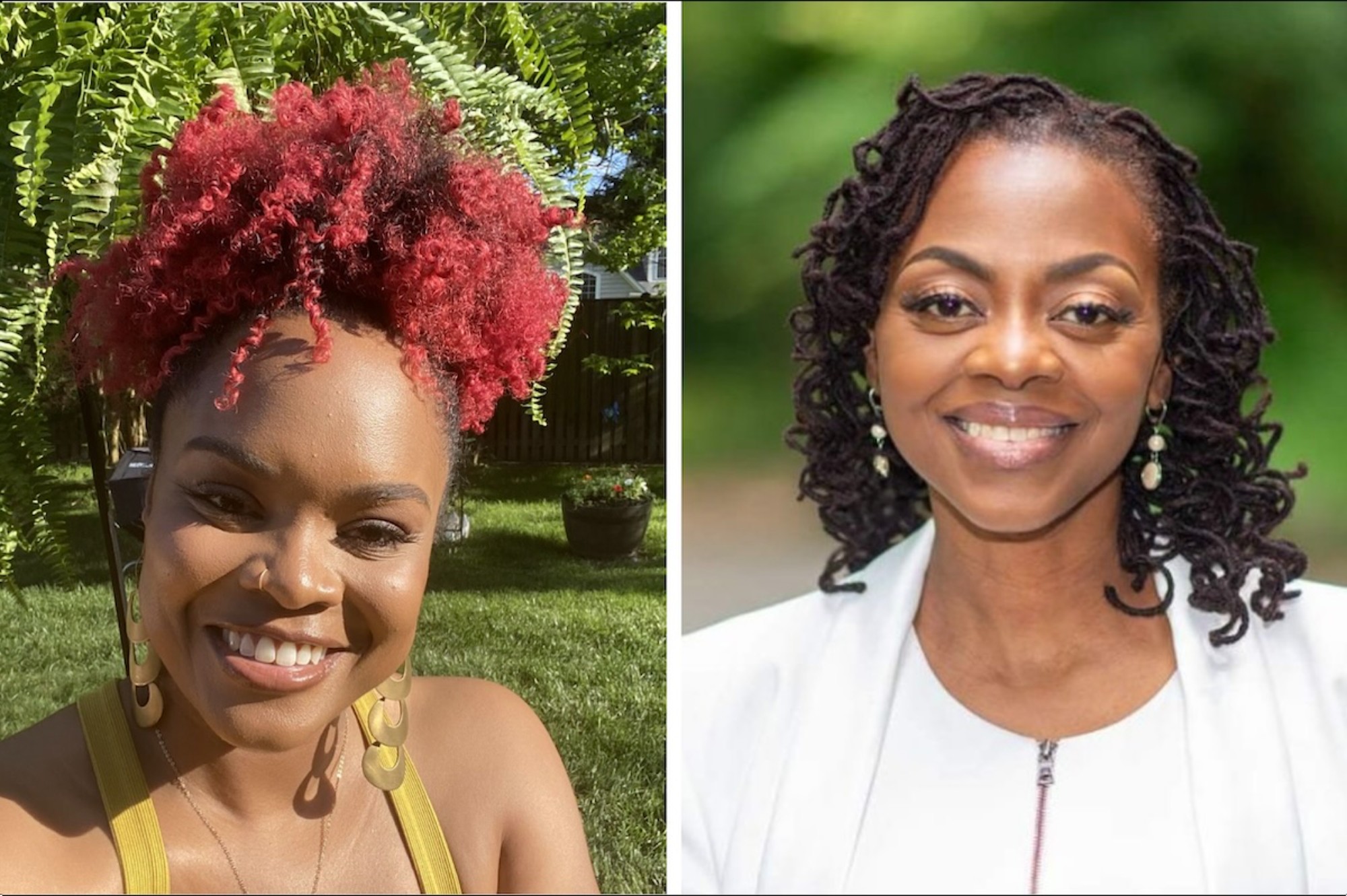 Composite image of two black smiling women. The woman on the left is Autumn Griffin, with a red afro puff, gold nose ring, and tank top. The woman on the right is Yolanda Sealey-Ruiz, with curly locs and a white shirt and jacket.