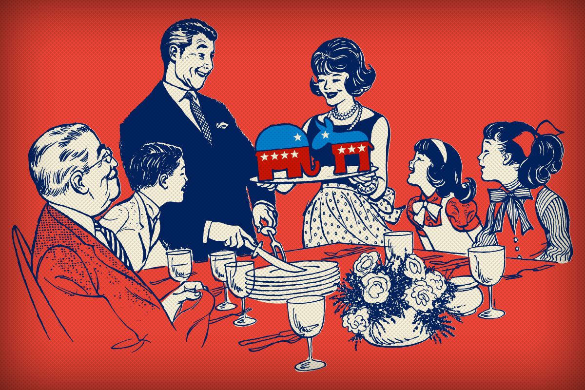 illustration of a family from the 50's waiting for dinner. The mother is holding a platter with a democratic donkey and republican elephant on it