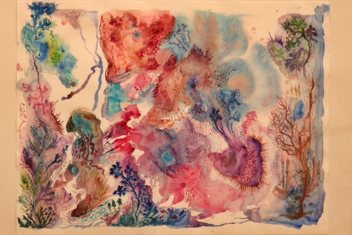 Bold watercolor on paper resembling an underwater scene