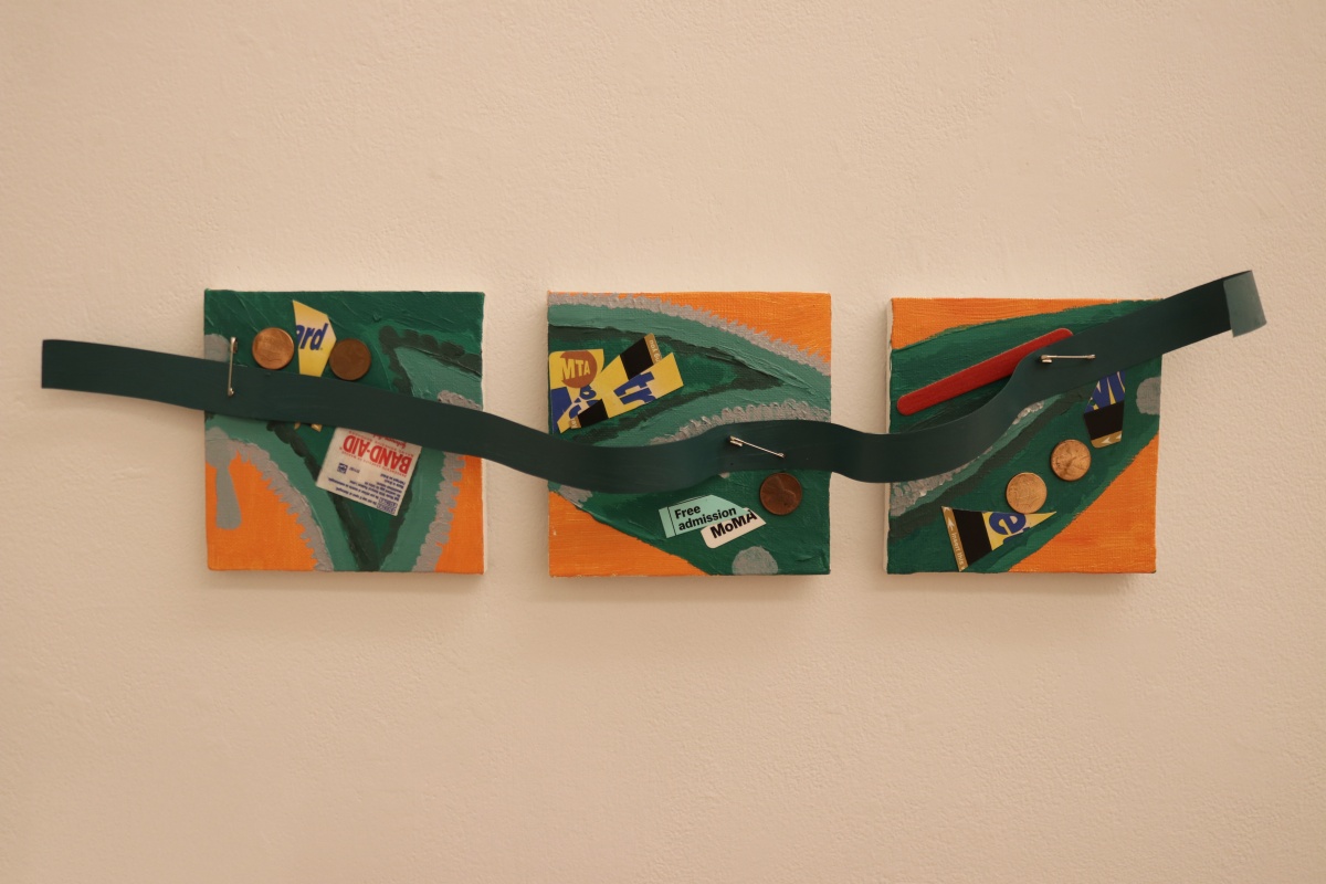 Three canvases, acrylic paint with mixed media objects, including a metro card. Orange and green.