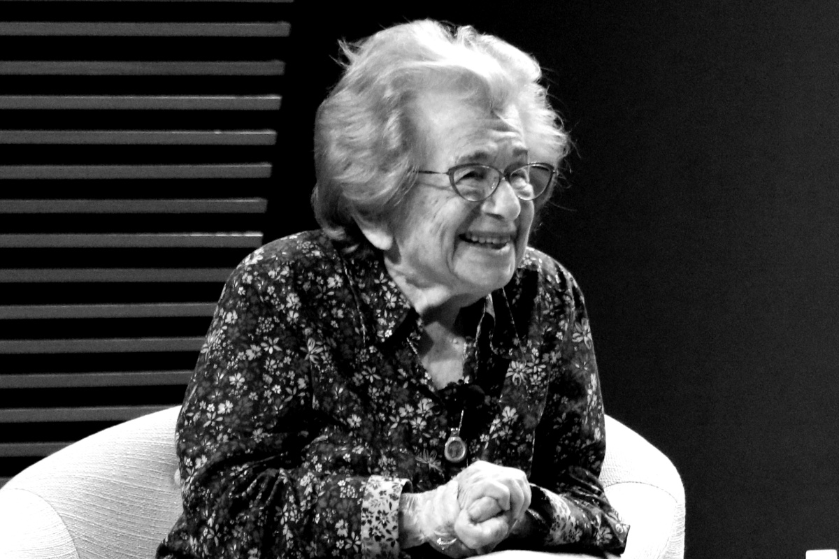 A black and white photo of the late Dr. Ruth Westheimer