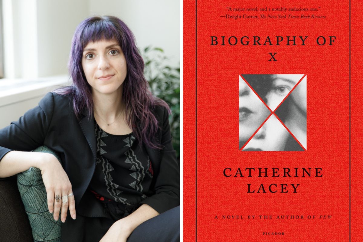 Melanie pictured next to the cover of Biography of X by Catherine Lacey