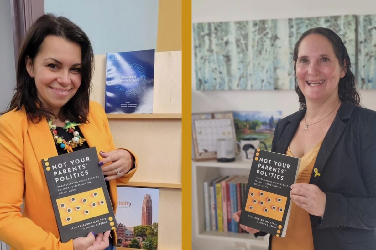 a collage of Ioana and Neta smiling with their book