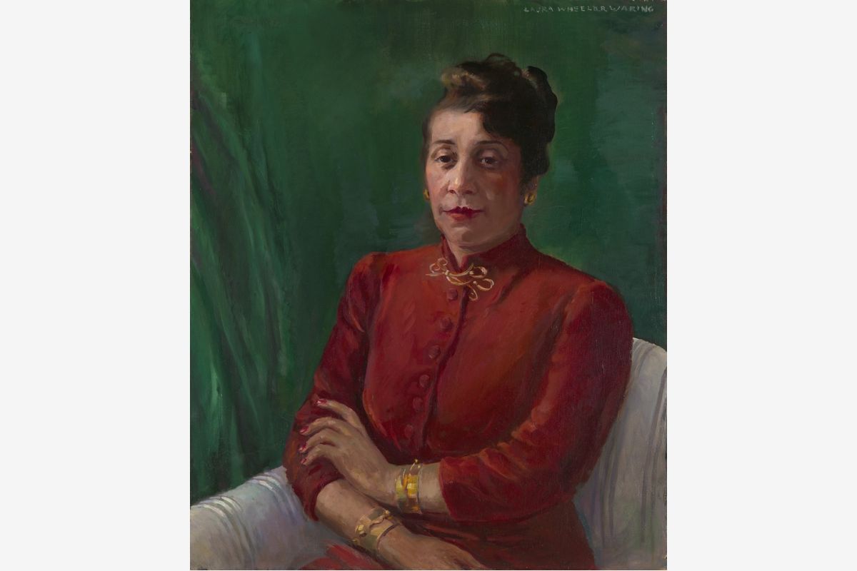 Oil painting of Alma Thomas in a red dress