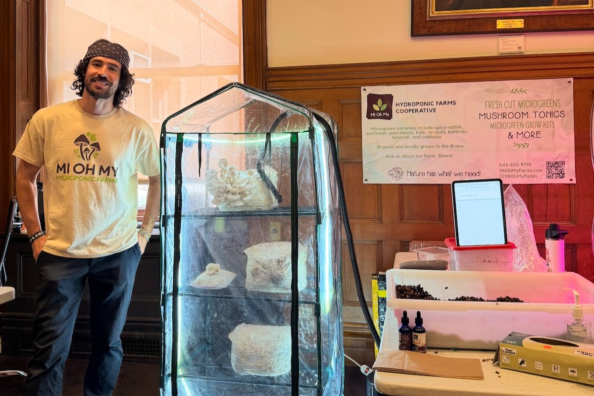 A man stands next to a growtent with mushrooms inside